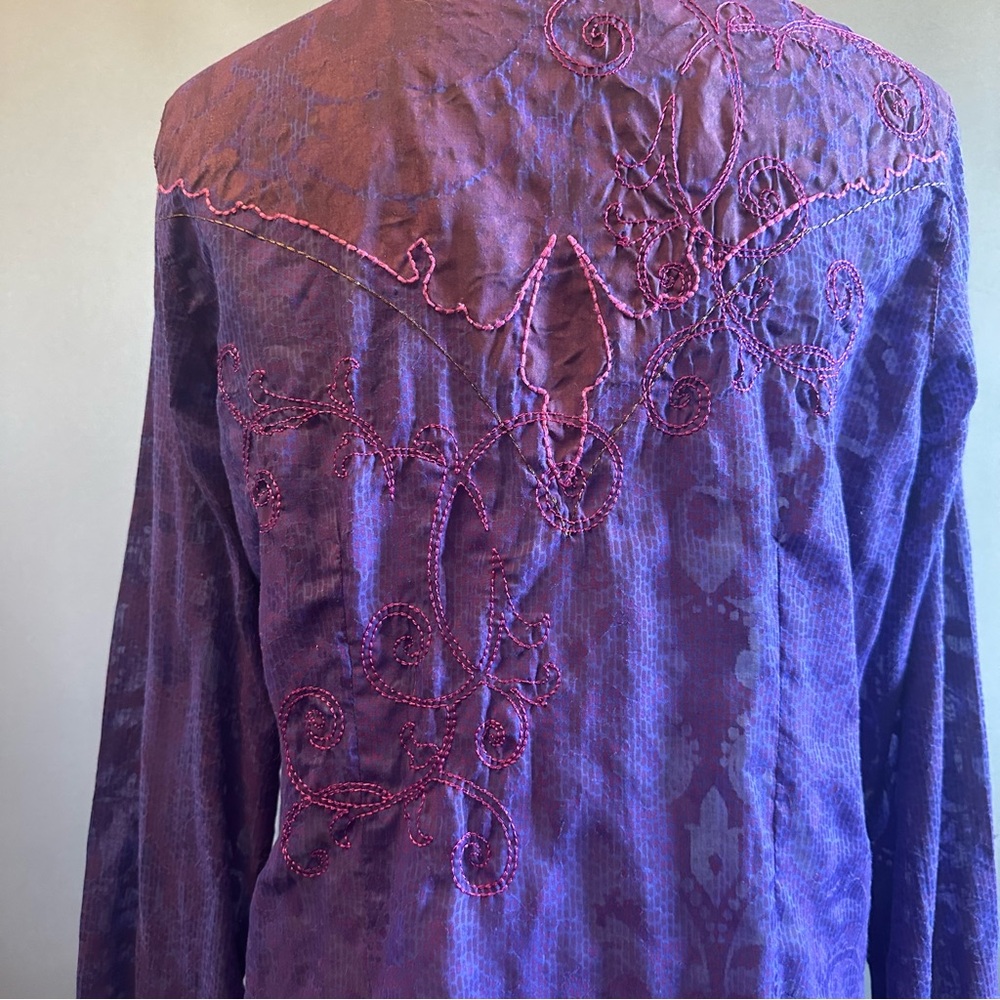 Women's Wrangler Snap Button Embroidered Sheer Shirt Purple Pink Sz M - Picture 6 of 12